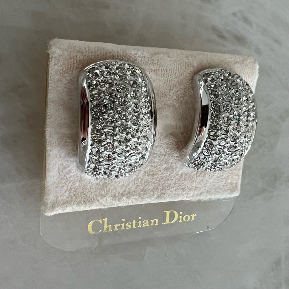 Christian Dior Vintage Silver Pave Crystal Half Hoop Clip-On Earrings